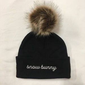 Snow Bunny Beanie Black with Faux Fur Pom